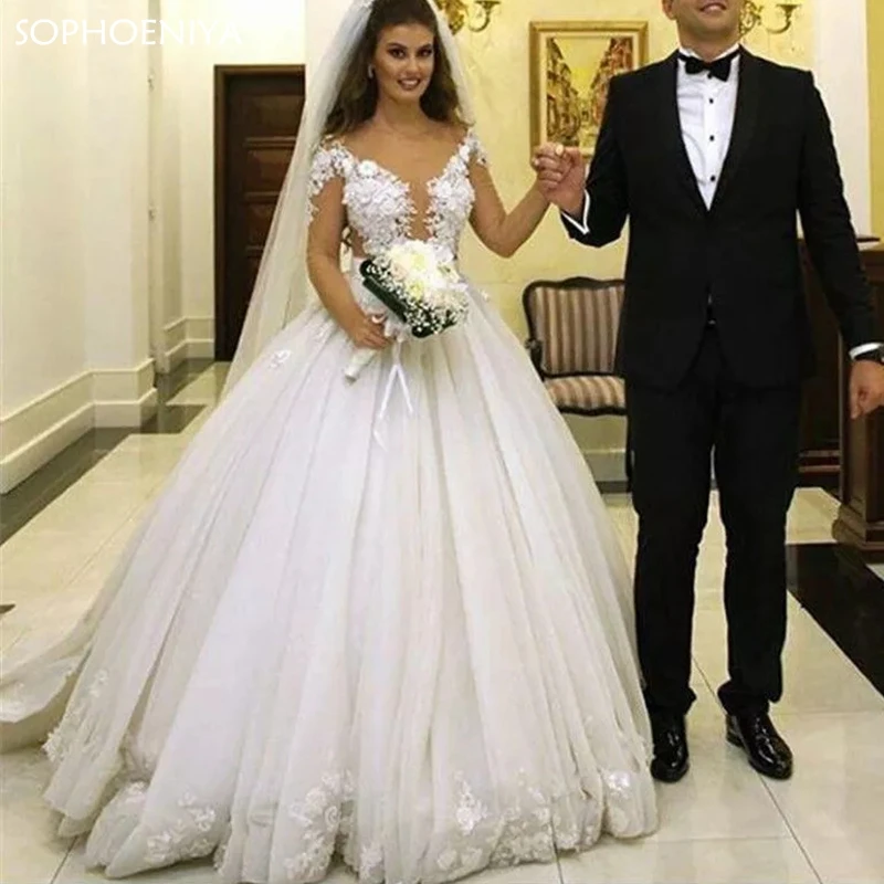 

New Arrival Tulle Lace Beaded Wedding Dresses Vintage Half Sleeves Bridal Dress Vestido De Noiva Wedding Gown 2021