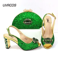 2021 african hot selling italian design newest ladies shoes and bag set decorated with rhinestone in green color for party