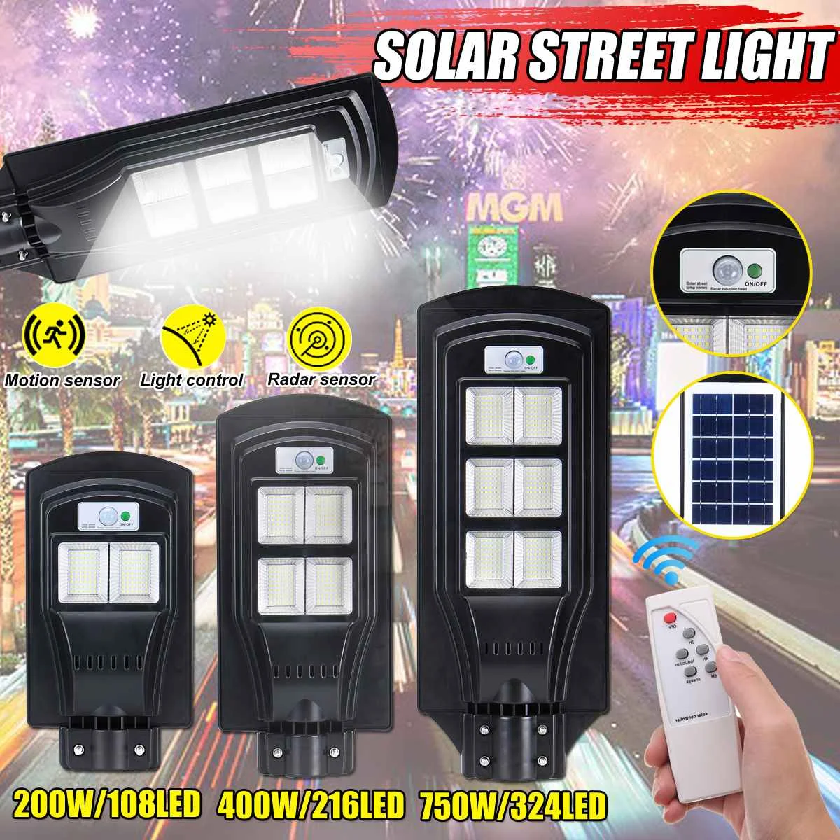 

200W 400W 750W Waterproof Street light 108/216/324 LED Solar Lamp Outdoor Lighting Wall Lamps Flood Light Garden Light