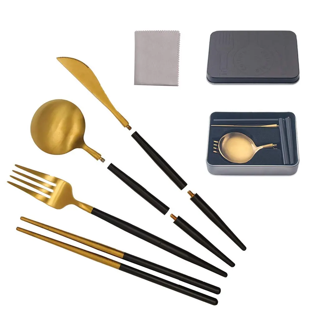 304 Stainless Steel Detachable Outdoor Picnic Portuguese Knife, Spoon, Portable, Two-section Folding Metal Tableware Set