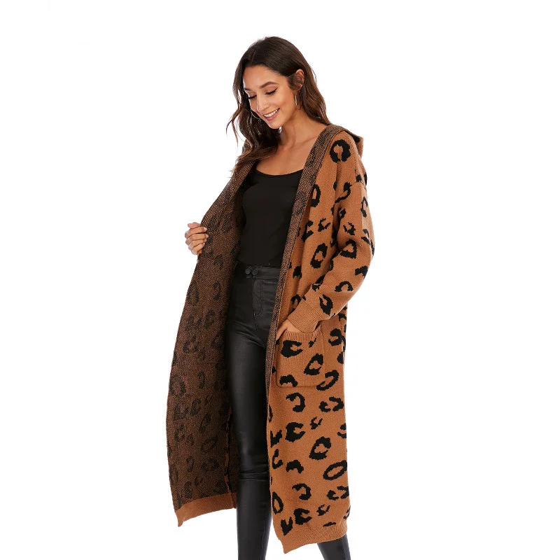 

2020 Winter New Leopard Print Sweater Cardigan Hooded Long Women's Jacket Sweater Coat Ladies Long Sleeve Pocket Street Wear