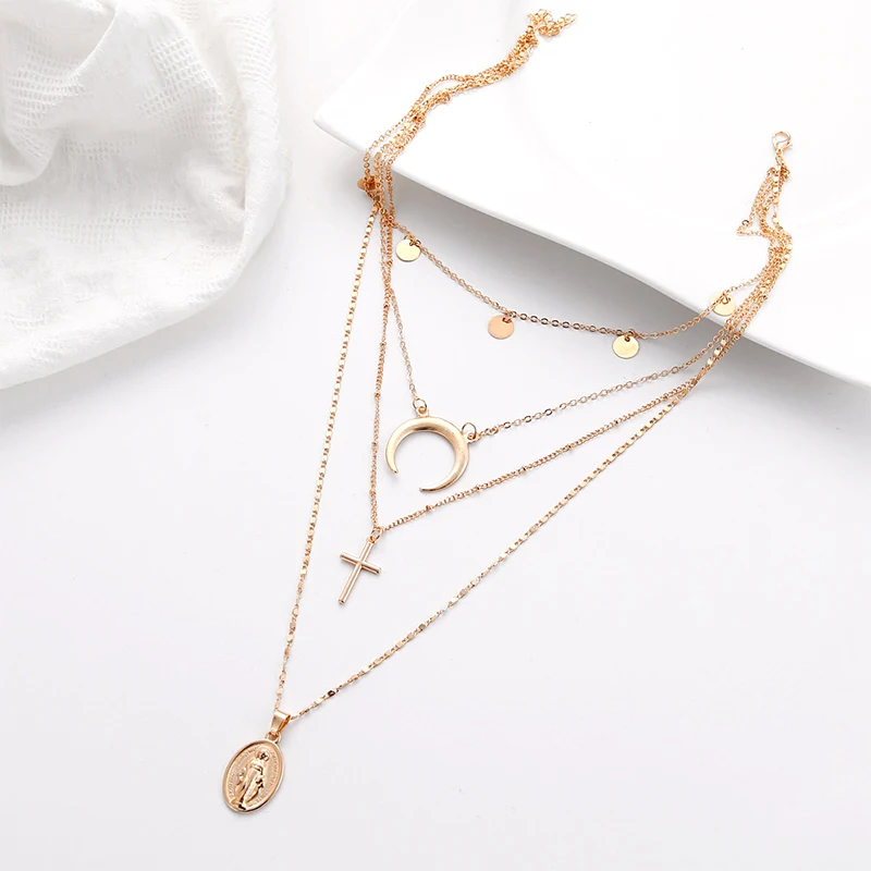 Женское многослойное ожерелье с кулоном в виде креста