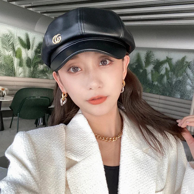 

Fashion PU Leather Womens Beret Newsboy Hat Adjustable Octagonal Cap Classic Hats Solid Color Artist Painter Cap Designer