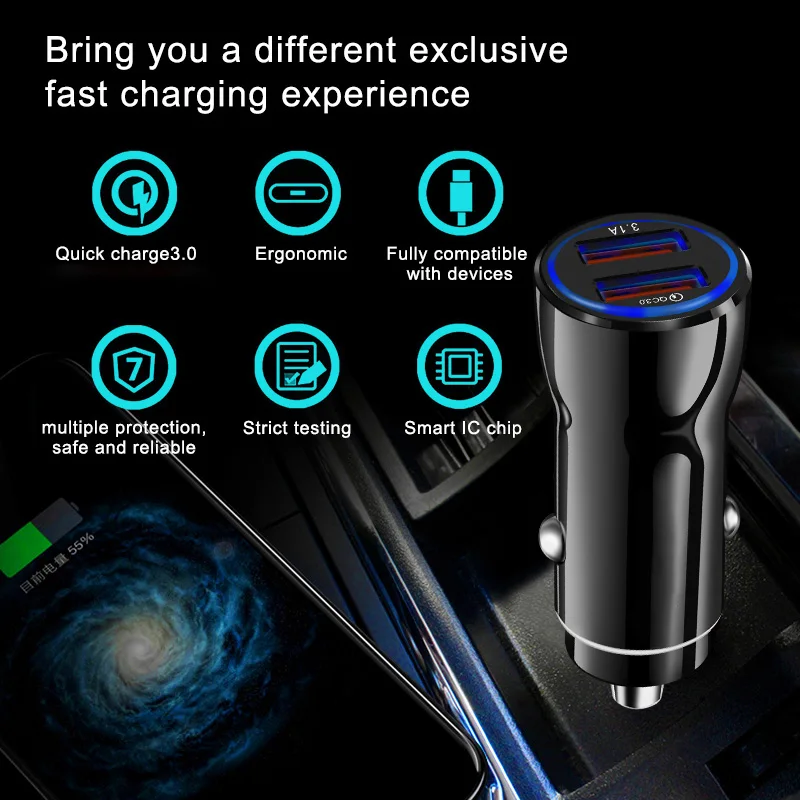 Автомобильное зарядное устройство USB Quick Charge 3 0 для телефона Xiaomi samsung iPhone QC3.0 два