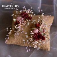 himstory bridal wedding hairband vintage red flowers hairpins crystal bride handmade headdress accessories hair jewelry