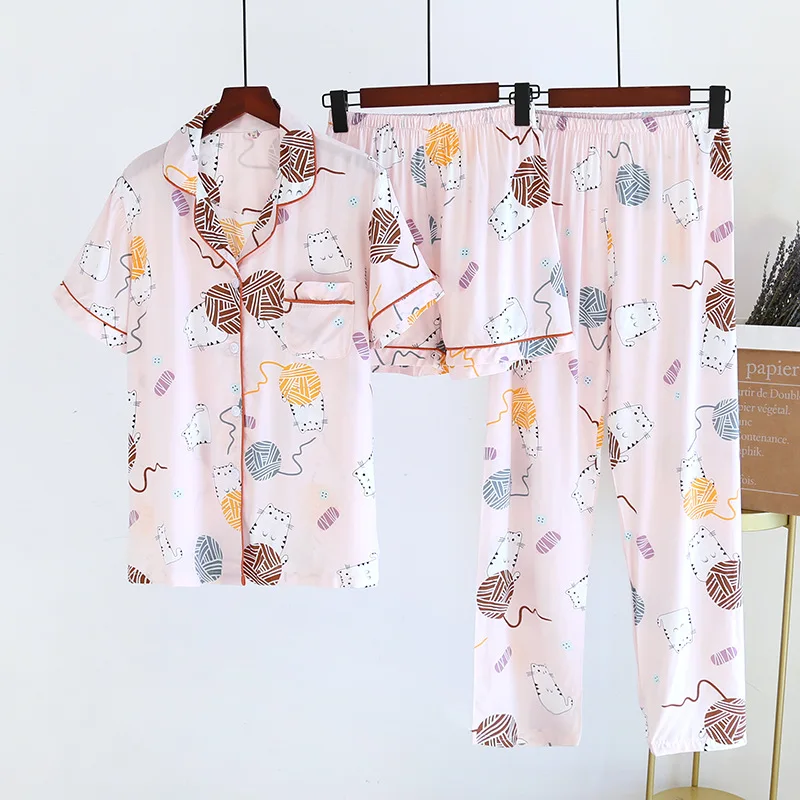 

2021 New Women's Spring and Summer100%Viscose Pajamas Three-piece Short Sleeve + Shorts + Trousers Soft and Comfortable Homewear