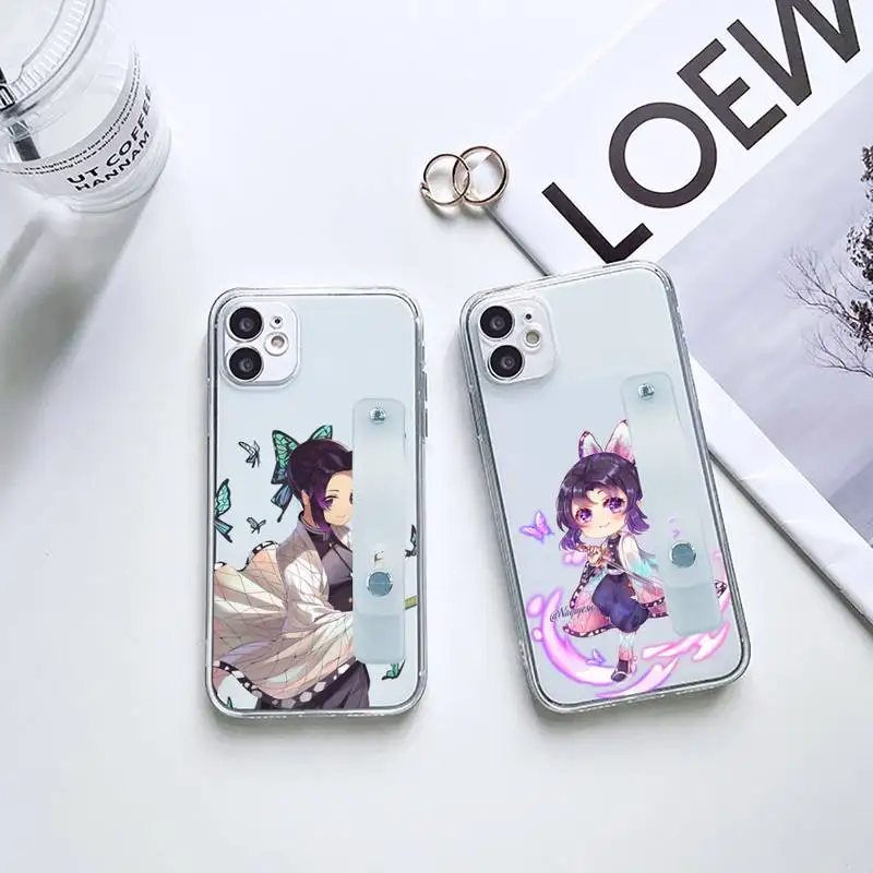 

Q version cute shinobu Phone Case Wrist Strap For iPhone 7 8 11 12 X XS XR MINI Pro Max Plus Hand Band Transparent Clear