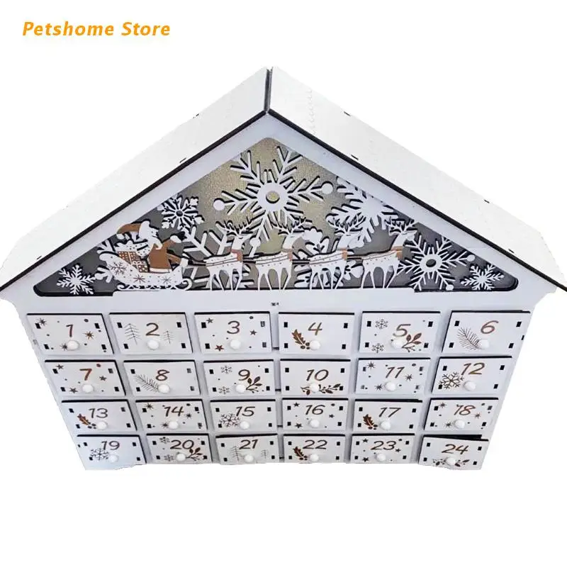 

LX9C Christmas Wooden House Advent Calendar LED Lighted Snowflake Reindeer Scene Countdown Ornament with Large Drawer Box Xmas