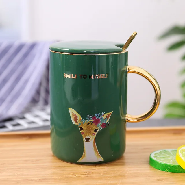 Керамическая кружка для кофе с ложкой в виде животного роскошная зеленая чашка