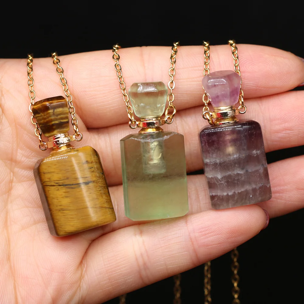 

Natural Stone Perfume Bottle Necklace Cylindrical Semi-Precious Pendant Charms For Elegant Women Love Romantic Gift 60 CM