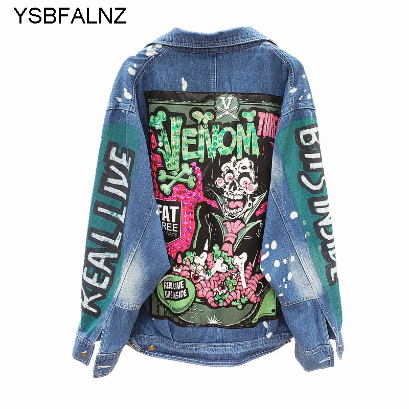 

Jeans Jackets Women Streetwear Fashion Graffiti Print Sequins Denim Clothing Lapel Long Sleeves Hip Hop Female Loose Jeans Coats