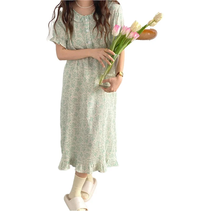 

Marple summer women nightgowns floral print single breasted homewear dress short sleeve sleepwear cotton girls nightdress