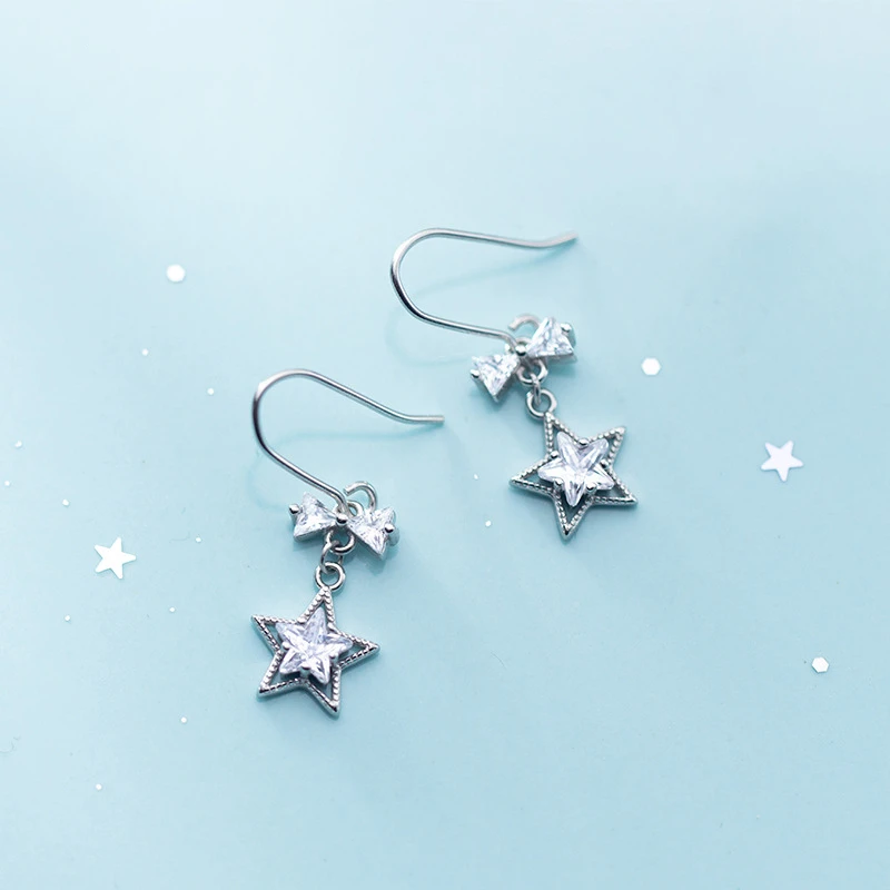 

Аутентичные 925 стерлингового серебра ювелирные изделия Ослепительная прозрачного хрусталя циркона Звезда крючком Висячие серьги для женщ...
