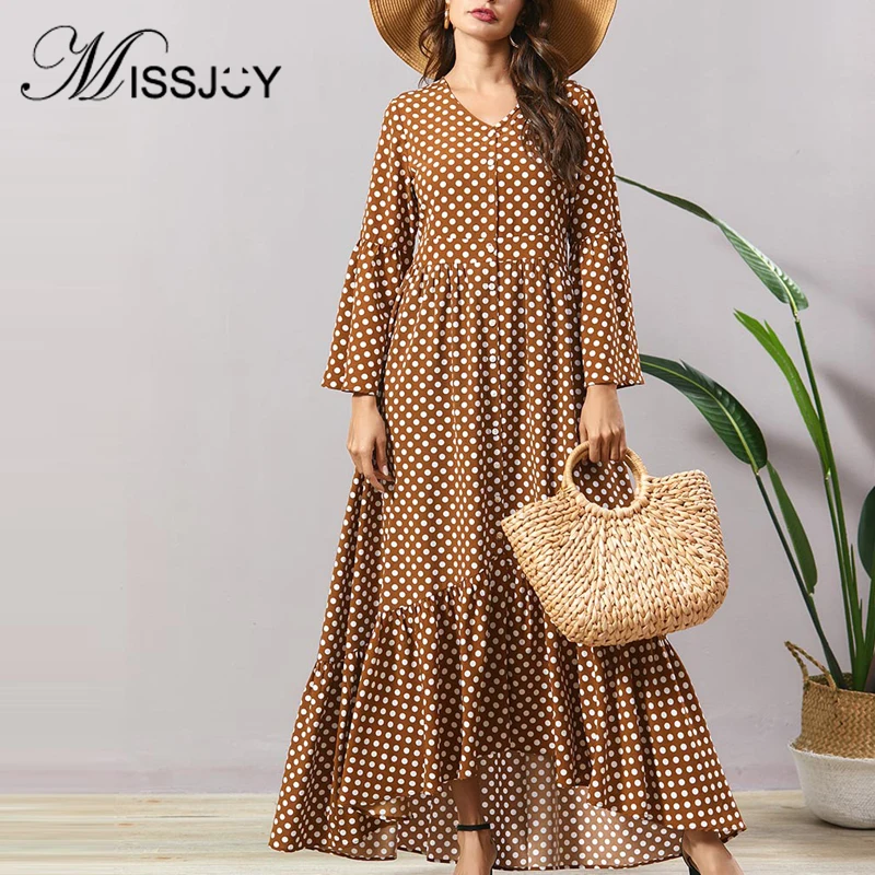

MISSJOY 2019 abaya Plus size 4XL Muslim Dubai dresses Fashion Women Long Sleeve Polka Dot Print Casual Loose Party Long turkish