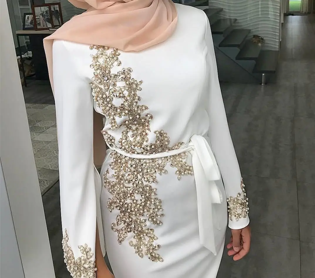 Dubai Slim Muslim Dress Women Lace Abaya Beading Applique Islamic Clothing Elegant | Женская одежда