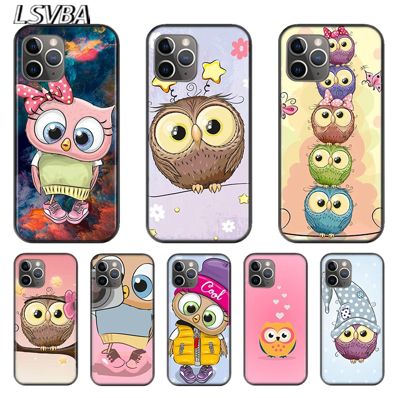 

Cute Owl Hearts Lover For Apple iPhone 12 11 XS Pro Max Mini XR X 8 7 6 6S Plus 5 SE 2020 Black Silicone soft Cover Phone Case