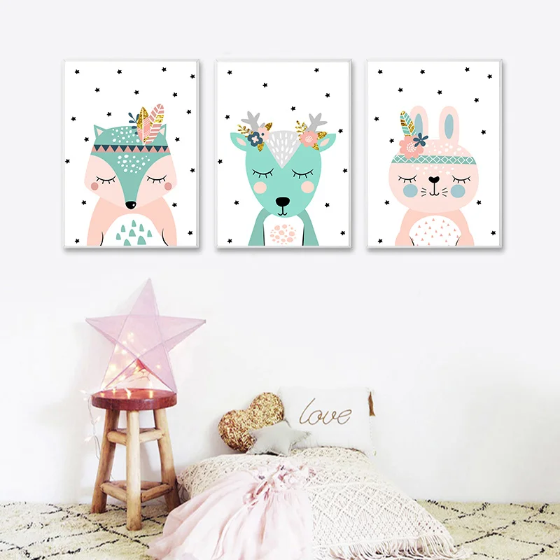 Лесной племенные Животные Изображение кролика лисы Лев постер для детской