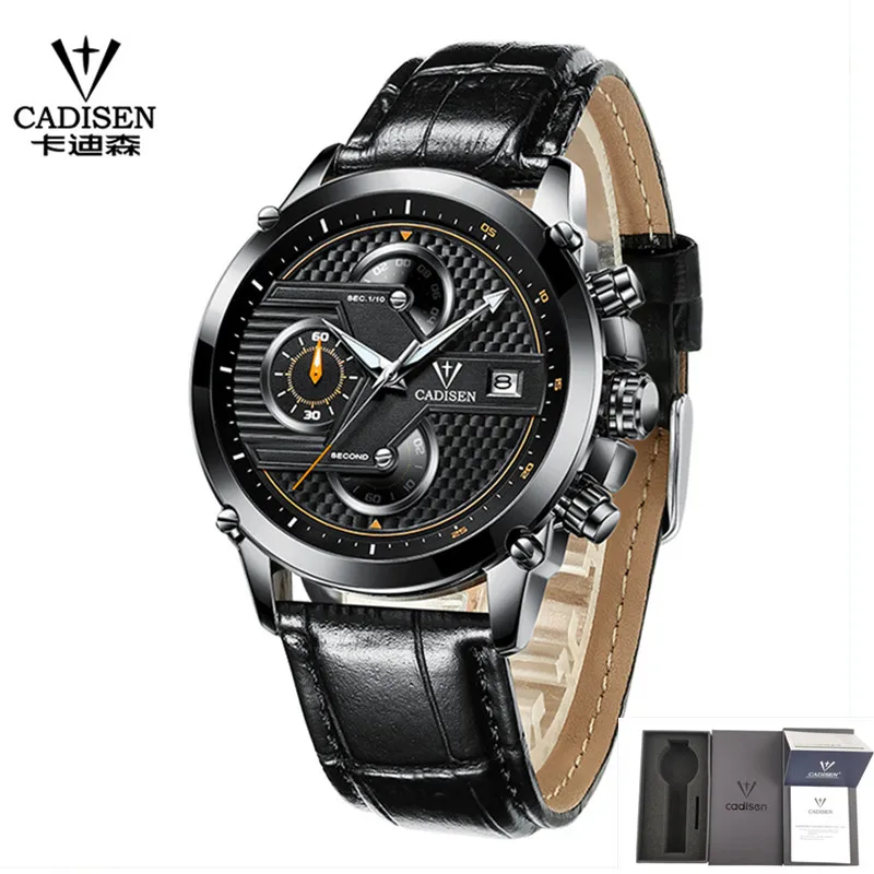 Relogio Masculino Cadisen новые спортивные хронограф мужские часы лучший бренд класса люкс полный стальной кварцевые часы водонепроницаемые часы с большим циферблатом - Цвет: Leather 1 add box