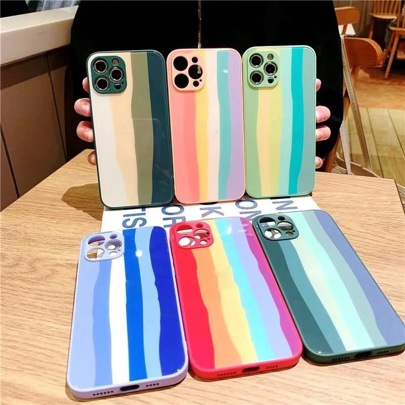 

Original Official Rainbow Stripe Gradient Color Tempered Glass Case For iPhone 12/11 Pro Max XR XS Max 8 7 6SPlus Logótipo Cover