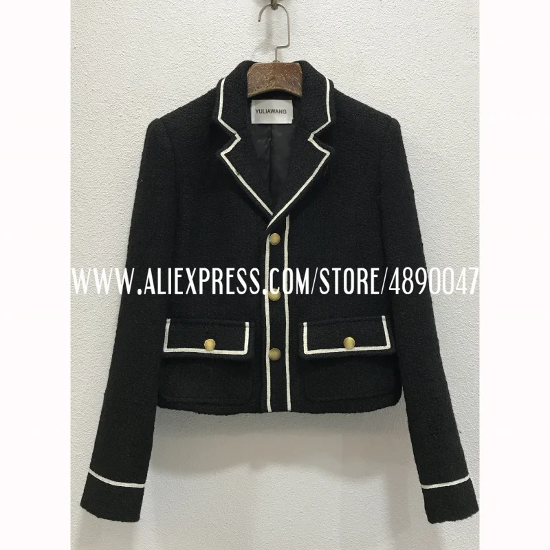 

2021 early autumn new suit collar contrast color tweed three-dimensional tailoring short coat gold buckle tweed lapel jacket