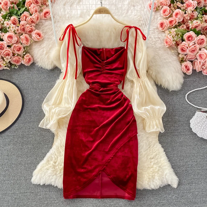 

2021 Autumn New French Sexy Long Bubble Sleeve Velvet Dress Fashion Women Celebrity Slim Wrap Hip Square Neck Dress