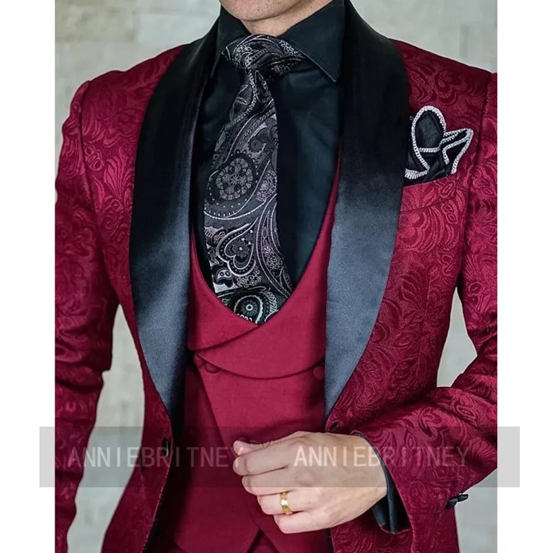 

2021 New Fashion Burgundy men's Three-piece Suits Slim Fit Men Wedding Tuxedo Business Dinner Jacket Tailored Blazer Pants Set