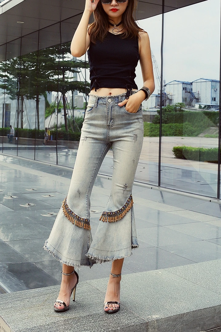 

2020 Spring Summer New Women's Flare Pants Fashion Jeans Tassels Thin Elasticity Slim Cowboy Capri Bell-bottom Pants Lady Jeans