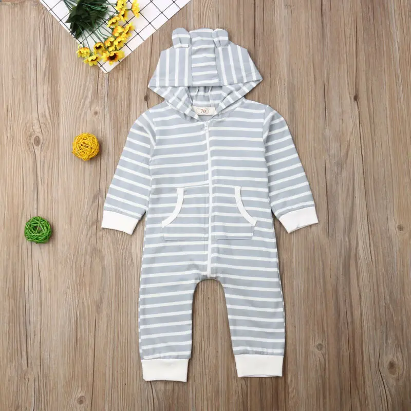 0-18M Newborn Baby Boy Girl Stripe Romper Long Sleeve Zipper 3D Ear Hooded Jumpsuit Playsuit Outfit Clothes |