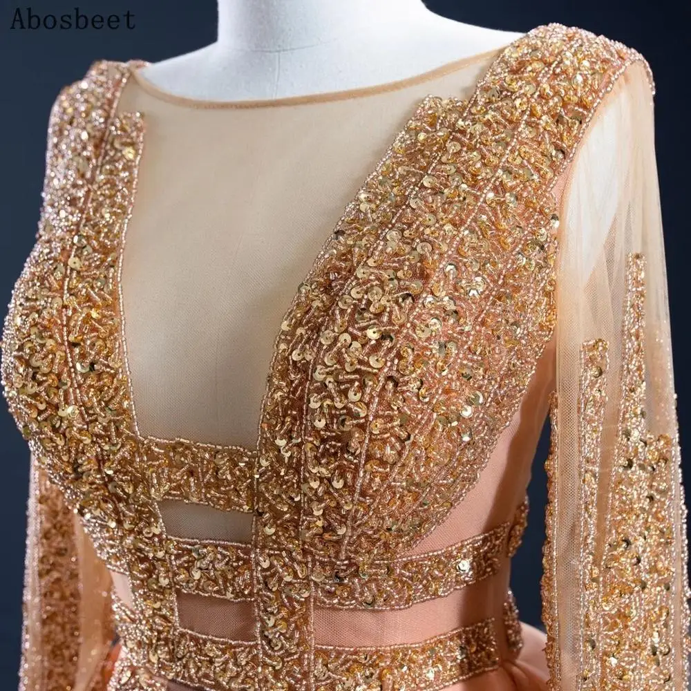 Gold Beading Vintage Mermaid Evening Dress Long Sleeve Muslim Prom Party Gown Long Train Shining Elegant Evening Gown