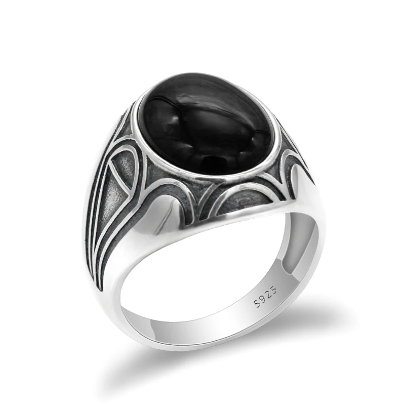 Black Stone Настоящее 925 пробы Серебряное мужское кольцо с желтым натуральный камень оникс кольцо винтажное тайское серебряное турецкое ювелирное изделие ручной работы для мужчин и женщин - Цвет основного камня: Black Stone