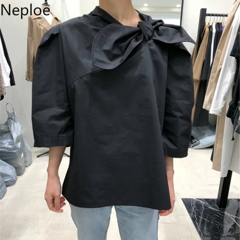 Блузка Neploe с бантом Женская Весенняя однотонная блузка воротником-стойкой и