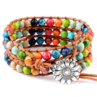 vintage bohemian colorful natural stone bracelets long adjustable leather wrap beaded bracelet for women fashion jewelry gift