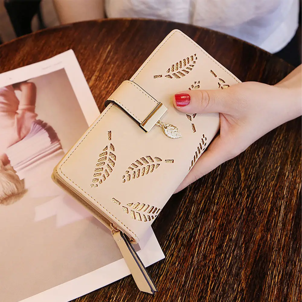 

Женский кошелек из искусственной кожи, Дамский удлиненный бумажник с золотыми листьями, сумочка для мелочи, кредитница, клатч