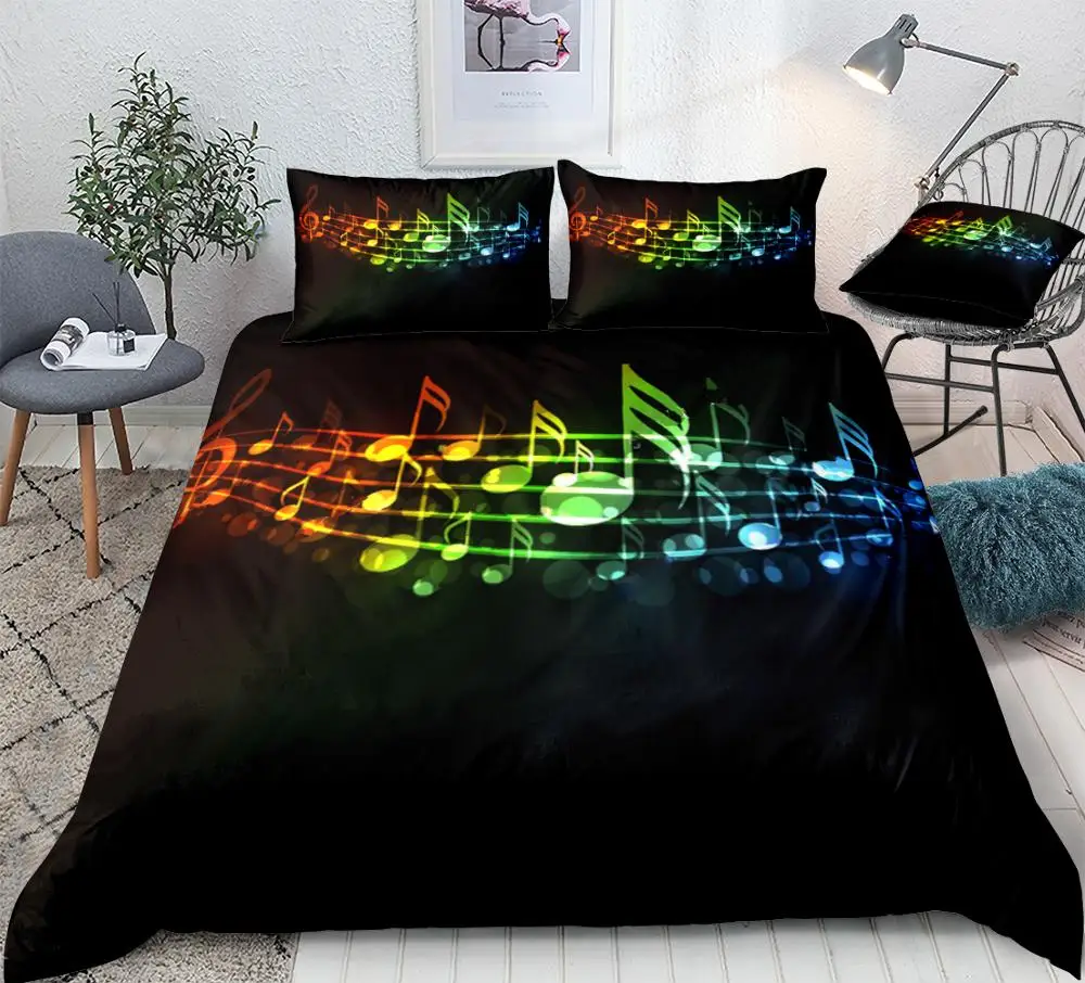 

3 Pieces Music Duvet Cover Set Colorful Music Notes Bedding Piano Keyboard Treble Clef Black Home Textiles Kids Queen Dropship