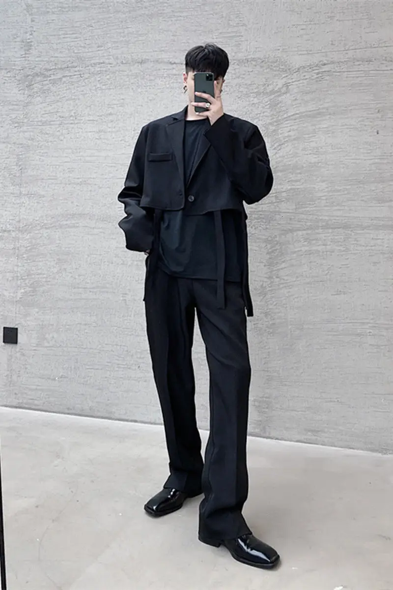 

IEFB /men's wear split bandage hem multi-style lace-up suit coat two different wearing single breasted black blazers male Y3933