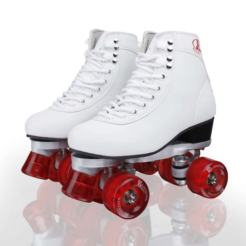 Мода двойной ряд шкив обувь 4 х колесные роликовые коньки белые ботинки из Pu