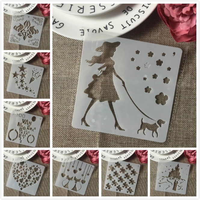 8Pcs/Set 13cm Lady Dog Cat Heart DIY Layering Stencils Painting Scrapbook Coloring Embossing Album Decorative Card Template | Дом и сад
