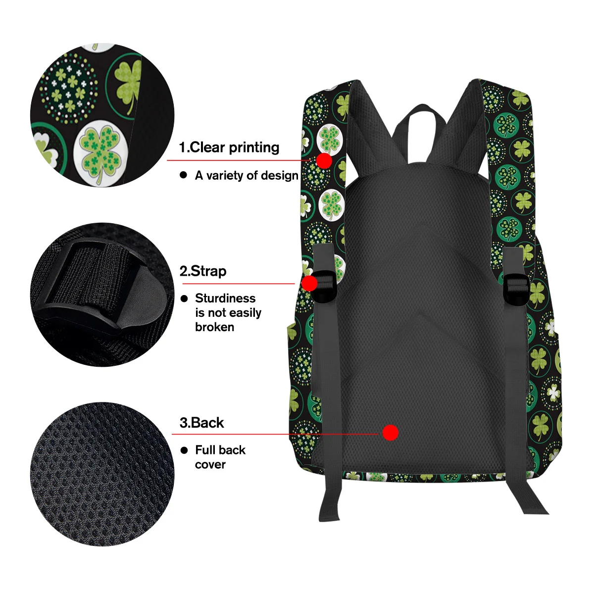 Зеленый Рюкзак с изображением клевера черный рюкзак для подростков дорожные