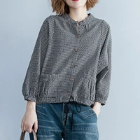 new 2021 spring autumn vintage plaid stand collar loose t shirts women cotton linen casual tops female long sleeve tops casual