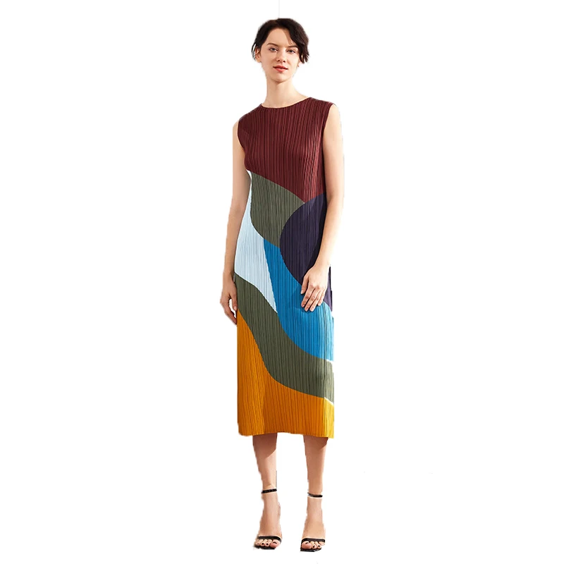 

European and American Style Summer Sleeveless Loose Dress New Fashion Geometric Contrast Color Temperament Commuter Long Skirt