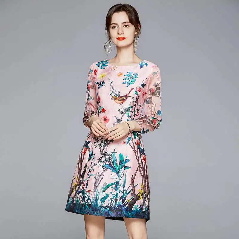 

Spring Autumn Runway Women's 3/4 Sleeve Mini Dress New Hepburn Floral Bird Print Vintage Elegant Simple Dress Robe 2021