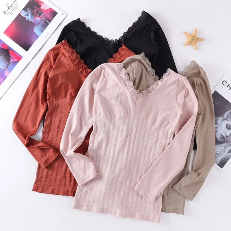 Зимнее женское облегающее термобелье базовая футболка тонкое кружевное