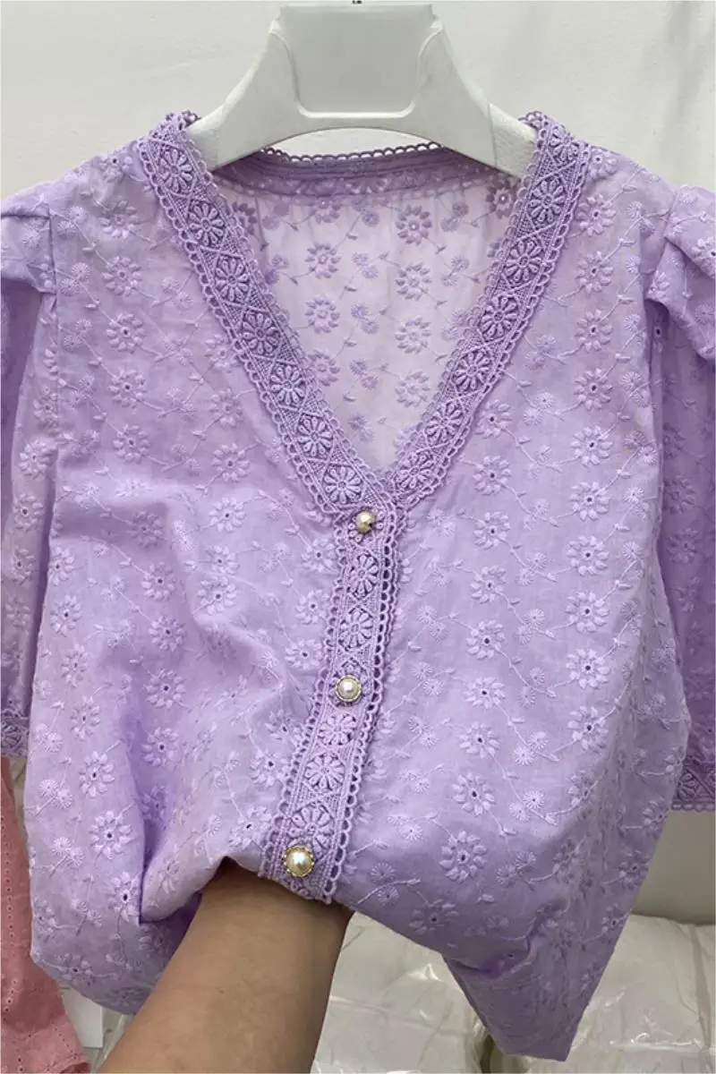 

2021 new V-neck embroidery hollow out purple shirt top women's summer bubble sleeve cotton sweet shirt Summer Blouses