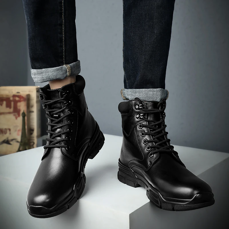 

Autumn/Winter Army Military Men Boots With Fur Outdoor Boots for Mens Genuine Leather Men Military Combat Boots Black Man Shoes