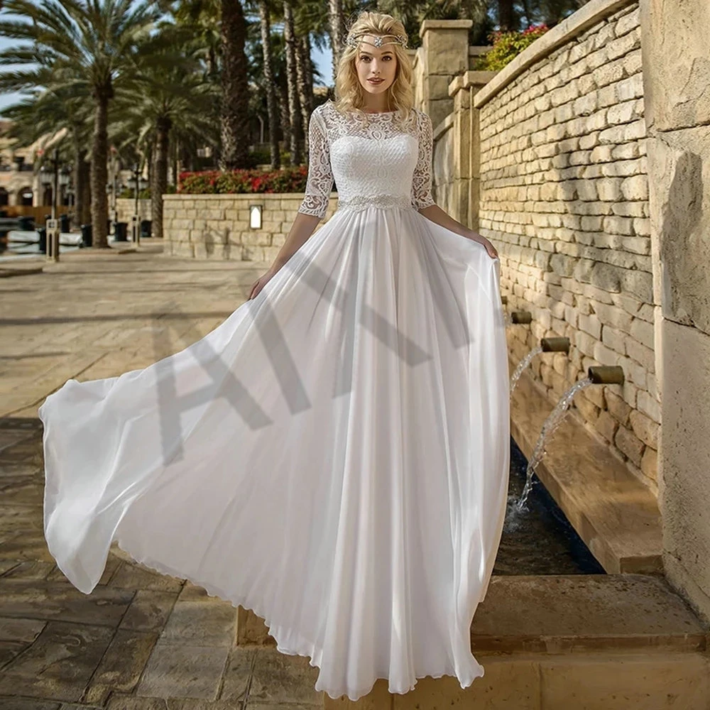 

Jasmine Wedding Dress Scoop Neck Half Sleeve A-Line Bride Vestido Appliques Beads Pure Love Luxury Chiffon Robe de mariée
