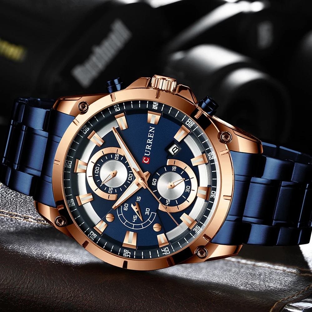 CURREN Men Watch New Stylish Business Quartz Watches Blue Steel Band Military Sport Chronograph Clocks Relogio Masculino | Наручные часы