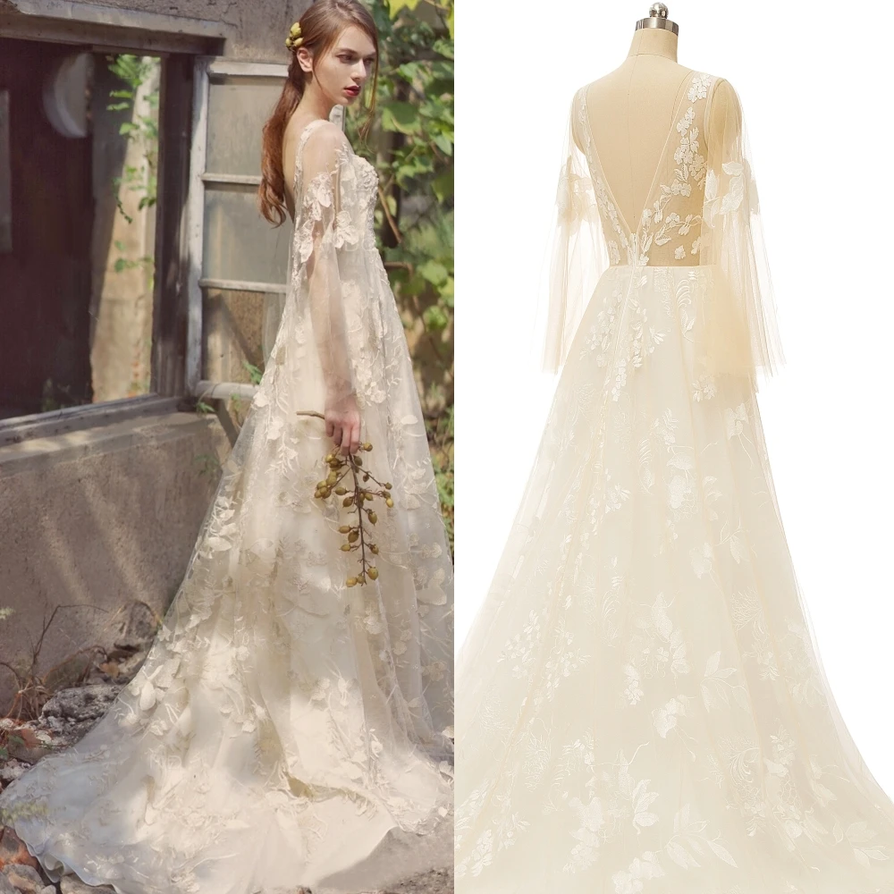 

Backless appliqued illusion sleeve vintage a line romantic wedding dress bridal gown REAL PHOTO FACTORY PRICE CUSTOM MADE