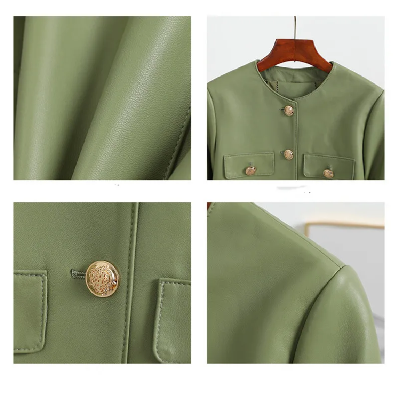 Spring Autumn Korean Style Women's High Quality Green Genuine Leather O-neck Jackets C252