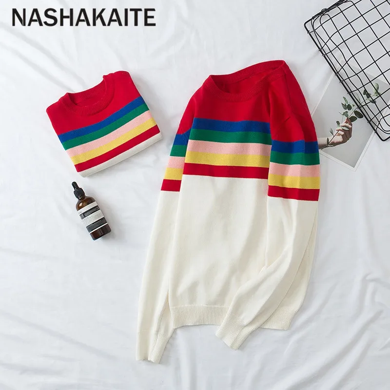 NASHAKAITE/свитер для мамы и дочки; вязаные свитера в радужную полоску для мамы и дочки; зимняя одежда для мамы и дочки