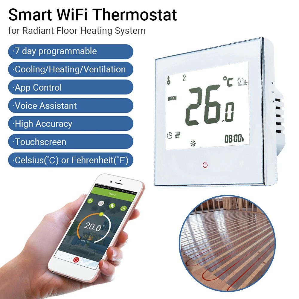 

Home Programmable Thermostat Radiant Floor Heating System Smart Touchscreen Heat Thermostat for InFloor Heating System 95-240V